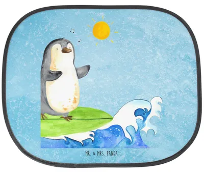 Produktbild von Mr. & Mrs. Panda Sonnenschutz Auto Pinguin Surfer - Eisblau - Geschenk, saugnapf, Wellen, Motiviert, Urlaub, Optimistisch, Sonnenblende, Hawaii, Fürs, für, Portugal
