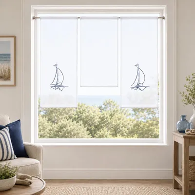 Produktbild von Design Mini Flächenvorhang Set | weiß | bestickt Segelboot blau | 4114-02 |