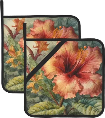 Produktbild von 2 Topflappen mit Hibiskusblumendruck, hitzebeständig für Mikrowelle, Kochen, Backen, Ofen und Grill