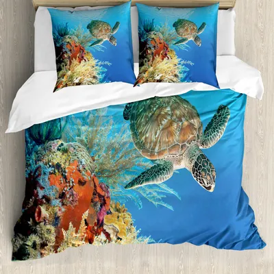 Produktbild von ABAKUHAUS Schildkröte Bettbezug Set, Bunter Underwater mit Schildkröten-Schwimmen unter der szenischen exotischen Ansicht des Korallenriffs, 155 x 220 cm + 80 x 80 cm, Mehrfarbig