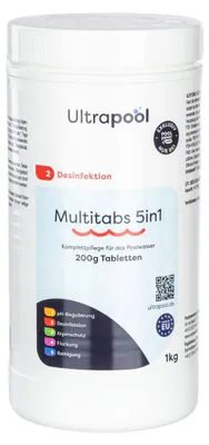 Produktbild von Ultrapool 5 in 1 Multitabs 200 g Chlor Tabs Pool langsam löslich zur Dauerchlorung und Poolpflege 1 kg / 5 kg / 10 kg (1 x 1 kg)