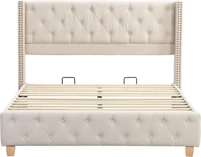 Produktbild von Polsterbett 180x200cm Doppelbett (ohne Matratze£©Jugendbett mit Lattenrost und Kopfteil Knopfpolsterung Nietenpolsterung Holzbeine Leinen Beige