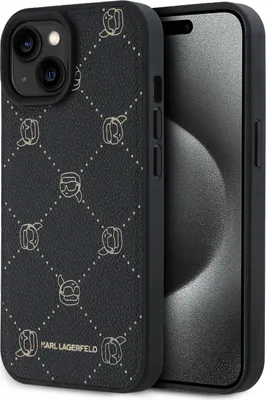 A black Karl Lagerfeld phone case with a repeating pattern of the designer's head logo and dotted lines, placed next to a smartphone.