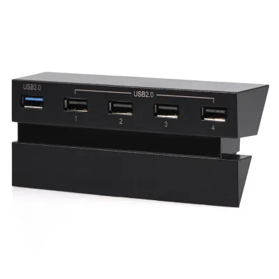 A black USB hub with multiple ports, designed for a PS4 console, is shown against a white background.