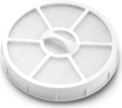 A white circular HEPA filter with a grid pattern.