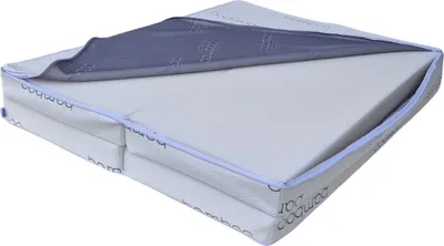 A folded mattress with a partially removed cover, revealing the foam interior.