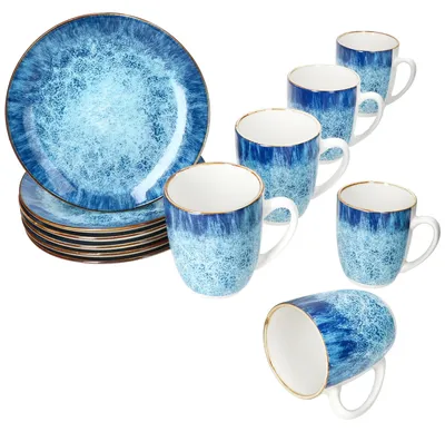Produktbild von Marina 12tlg Frühstücksset blaue kleine Teller Becher Porzellan 6 Pers maritim
