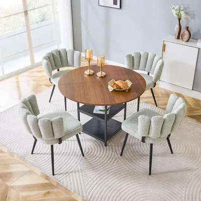 Produktbild von 5-tlg. Essgruppe Rund Ø107cm Esstisch in Nussbaum-Optik & 4 Polsterstühle cremegraue, platzsparendes Sitzgruppe Set mit 2 Ablagen für Küche & kleine Wohnungen