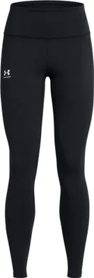 A pair of black leggings shown from the front against a white background.