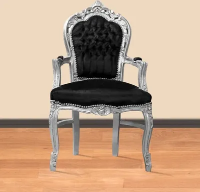 Produktbild von Barockstuhl Barock Stuhl Armlehne Schwarz Silber Stoff Esszimmer Wohnzimmer Büro Flur Schminkstuhl Klassisch Premium Luxus Modern Retro Royal Antik