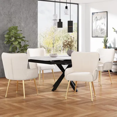 Produktbild von Samt-Esszimmerstuhl, 2er-Set, Wohnzimmer, Schlafzimmer, Lounge-Stuhl mit vier Goldene Metallstützbeinen, Mit Armlehnen und verstellbaren Füßen, Lendenwirbelstütze,Beige Beige+Gold