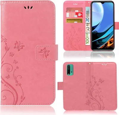 A collage of images showing a pink flip phone case with a floral pattern, including a view of the case open with a phone and cards inside, and a view of the case closed.