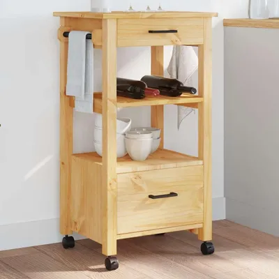 Produktbild von Küchenwagen aus massivem Kiefernholz, 48x40x88,5 cm, mit 2 Schubladen, Lattenablage und 4 Rollen, davon 2 feststellbar, im Vintage-Design vielseitig einsetzbar