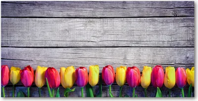 Produktbild von Tulup® Glas-Bild - 100x50 -Wandkunst - Wandbild hinter gehärtetem Sicherheitsglas  - Blumen & Pflanzen - Tulpen auf Holz - Mehrfarbig