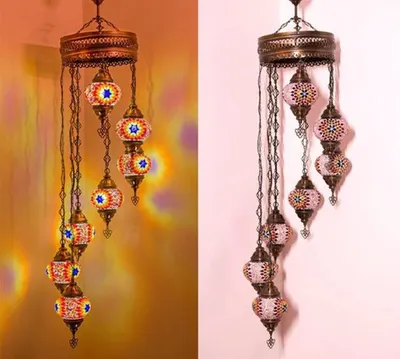 Image de Lampe suspendue turque - Lampe en mosaïque faite main - Plafonnier marocain - 7 boules de verre colorées