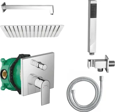 A collection of shower fixtures and components laid out against a white background.