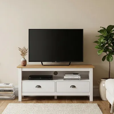 Produktbild von Lowboard CAMPO 110 cm aus Massivholz, Weiß/Natur - TV Schrank mit 2 Schubladen & offenes Fach für Mediengeräte, Wohnzimmermöbel im Landhausstil, ideal als Flur- oder Wohnzimmermöbel