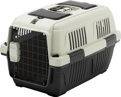 Produktbild von Dehner Lieblinge Transportbox Dino, für kleine Hunde / Katzen, 37 x 35 x 57 cm, Kunststoff, grau