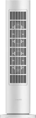 A white tower heater is shown from the front.