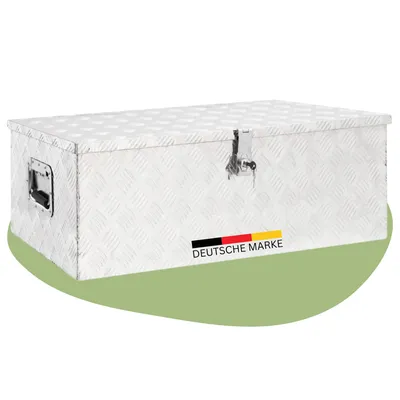 A silver aluminum storage box with a diamond plate pattern and a lock on a light green curved background.