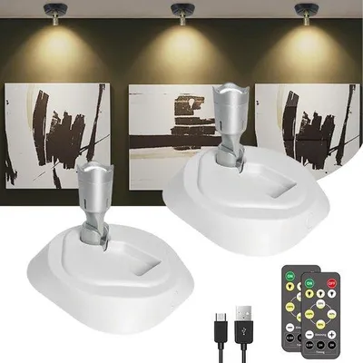 Image de Kit LED comprenant 2 spots d'intérieur, éclairage d'intérieur rechargeable à faisceau étroit avec minuterie et télécommande, éclairage d'écran sans fil et à intensité variable, mini-éclairage décoratif pour photos, plantes, œuvres d'art et portraits (blanc)