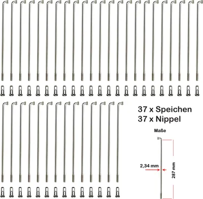 Produktbild von 37 Stück Fahrrad Speichen 287 mm verstärkt Edelstahl 2,34mm mit Nippel Spokes