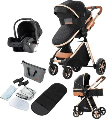 Immagine prodotto di Passeggino 4 in 1 - Passeggino combinato con seggiolino auto - Seduta reclinabile a 170° - Capottina in rete traspirante - Ampia navicella - Facile da ripiegare - 1-2 anni - Nero/oro