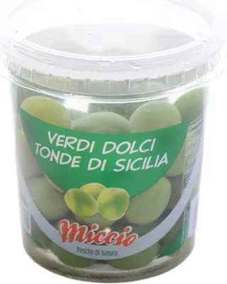 A clear, well-lit studio shot of a plastic tub filled with green olives, with a prominent label.