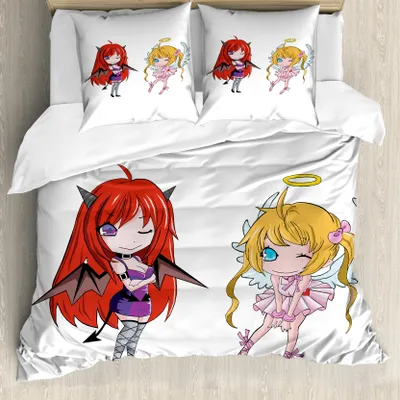 Produktbild von ABAKUHAUS Anime Bettbezug, Japanische Märchen-Kunst, Milbensicher Allergiker geeignet mit Kissenbezügen, 155 cm x 220 cm - 80 x 80 cm, Weiß