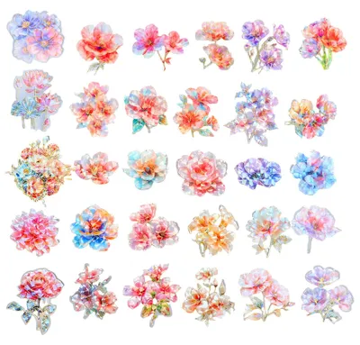 30 transparente Blumenaufkleber aus PET, Scrapbooking, Journaling