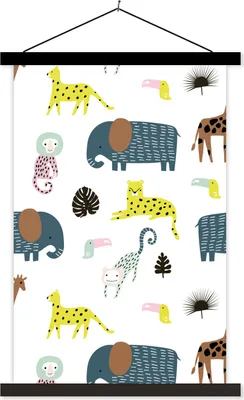 Produktbild von MuchoWow® Textilposter Tiere - Elefant - Affe - Weiß 60x90 cm mit schwarzem Rahmen - Poster Wohnzimmer