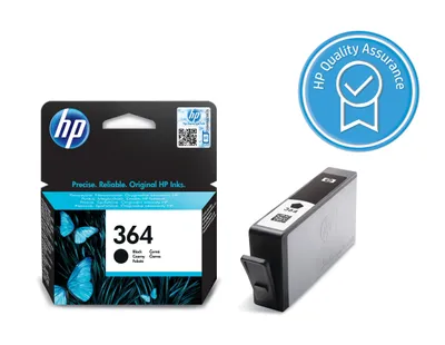 A product shot of an HP ink cartridge and its packaging, along with a quality assurance badge.