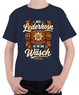 Produktbild von Mei Lederhosn is in da Wäsch Bayern Lederhose Dirndl Kinder T-Shirt, Navy, 128