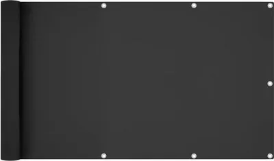 A rolled-up black privacy screen for a balcony, with grommets along the edges.