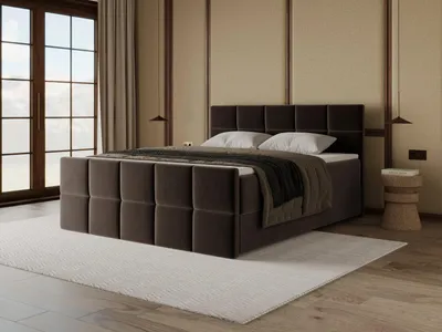 Image de Chilly Möbel Design Lit Cubo - Lit boxspring confort avec coffre, matelas et surmatelas 160x200 cm / Samt Sic / Marron foncé