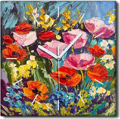 Produktbild von Coloray Uhr auf Leinwand 30x30 cm Wand Uhr Dekoration Wohnzimmer Segeltuch weiße Zeiger -Natur blüht wiese.