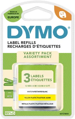 Produktbild von DYMO Original LetraTag Etikettenband | Papier/Kunststoff/Metall | 12 mm x 4 m | selbstklebendes Etiketten | für LetraTag-Beschriftungsgerät | 3 Etikettenkassetten