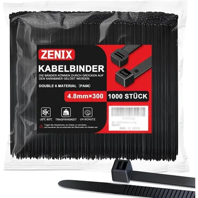 Produktbild von Kabelbinder Schwarz 4.8mm x 300mm UV-beständig 1000 Stück 28kg Zugfestigkeit