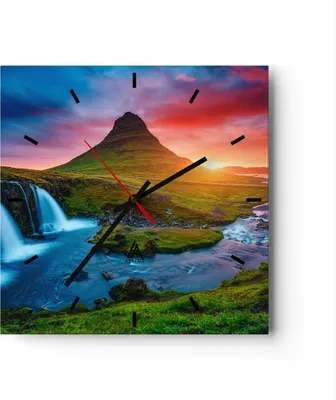 Produktbild von Wanduhr - Quadrat - Glasuhr - Sonnenuntergang Wasserfall Island Vulkan - 30x30cm - Schleichendes Uhrwerk - Lautlos - zum Aufhängen bereit - Dekoration Modern - Wanddekoration aus Glas - C3AC30x30-2963