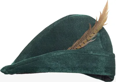 A green hat with a feather on a white background.