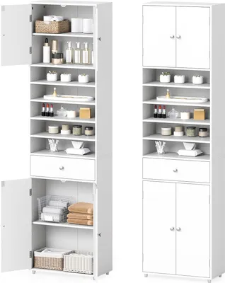 Immagine prodotto di Mobiletto da bagno con cassetto COSTWAY, mobile alto 180 cm con 4 ante e ripiani regolabili, mobiletto da bagno per cucina, soggiorno, bagno, bianco