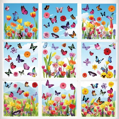 Image de Décorations de fenêtre pour le printemps, motifs floraux et papillons, autocollantes, réutilisables, lot de 9 feuilles