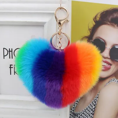 Produktbild von Regenbogen-Liebesherz, flauschiger Ball, Schlüsselanhänger, Auto-Schlüsselanhänger, Halter, Taschenanhänger, Ornament