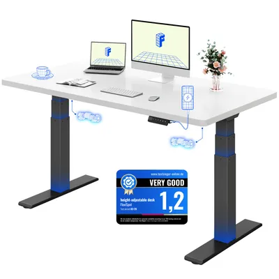 Zdjęcie produktu dla FLEXISPOT ValtreX E200 Biurko z regulacją wysokości 140 x 80 cm, nośność 200 kg, jednoczęściowy blat o grubości 25 mm, 2 silniki, złącze USB, kolor biały