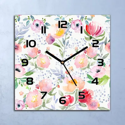 Produktbild von Wanduhr Echt-Glas-Küchenuhr Aquarell Blumen Quarz Lautlos 30x30 Deko Bilder