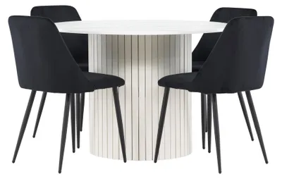 Produktbild von Härön Essgruppe Esstisch weiß 4 Stühle Velours schwarz.