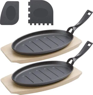 Obrázek produktu pro Sada 2 litinových grilovacích pánví s dřevěnou podložkou, 27 cm – univerzální sady na grilování a vaření