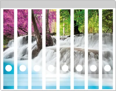 Produktbild von Wallario Ordnerrücken Sticker, selbstklebend für schmale Ordner, 8 Stück, Motiv Wasserfall  in  einem  bunt  gefärbten  Wald