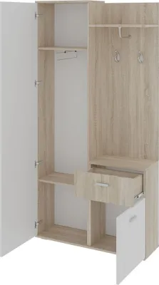 An open wardrobe set with shelves, a drawer, and coat hooks.