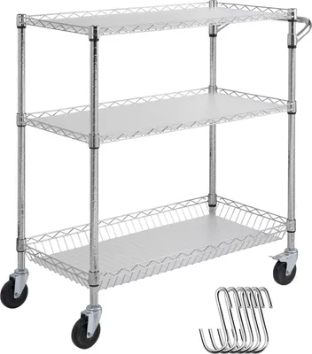 Zdjęcie produktu dla Wózek kuchenny VEVOR, 3-poziomowy wózek laboratoryjny o udźwigu 300 kg, chromowany wózek do serwowania, wózek do sprzątania, wózek transportowy Wózek do przechowywania na kółkach z 6 haczykami, do użytku wewnątrz i na zewnątrz Srebrny